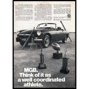 1974 MG MGB Convertible Roadster Vintage Print Ad Athlete Tennis Football Golf